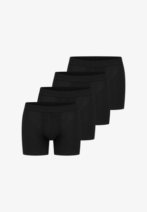 Schwarze Boxershorts aus geripptem Stoff, in einfarbigem Design mit einem weichen Bund. Vier Stück in einer Reihe ausgestellt.