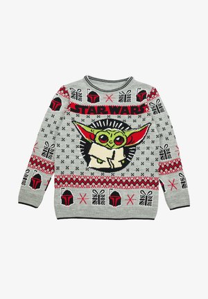 Grijze Star Wars trui met Baby Yoda gezicht, rode en zwarte Mandalorian-helmen, geschenkdozen en feestelijke patronen in rood en zwart.