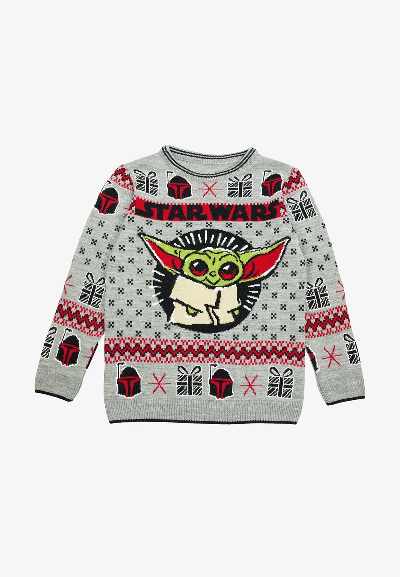 Pull gris Star Wars avec visage de Baby Yoda, casques Mandalorian rouges et noirs, boîtes cadeaux et motifs festifs en rouge et noir.