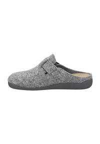 Pantofola grigia in feltro con design slip-on, caratterizzata da un dettaglio fibbia e una suola piatta in gomma texture. L'interno è dotato di un rivestimento morbido.