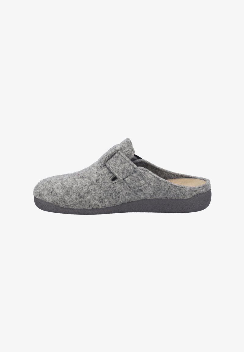 Gray felt slipper with a slip-on design, featuring a buckle detail and a flat, textured rubber sole. The interior has a soft lining.