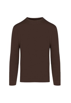 Brązowy sweter z długim rękawem i okrągłym dekoltem, z teksturowanym wzorem dzianiny oraz ściągaczami przy mankietach i na dole, prezentowany na białym tle.