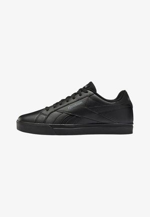 Black low-top Reebok sneaker with lace-up front, textured synthetic leather, and subtle logo on side and tongue, displayed on white background.