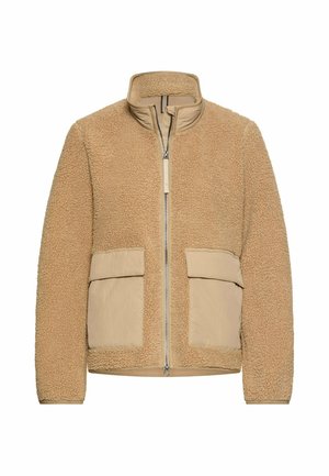 Beige fuld lynlåsjakke med tekstureret fleece-stof, høj krave og to store glatte forlommer med klap.