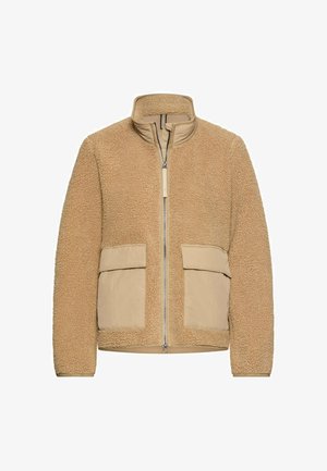 Beige Vollreißverschlussjacke aus strukturiertem Fleece-Stoff, mit hohem Kragen und zwei großen Vorderfächern aus glattem Stoff mit Klappen.