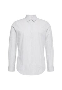 Chemise à manches longues à rayures bleu clair et blanches. Tissu léger avec un col classique et une fermeture à boutons sur le devant.