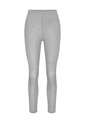 Helle graue, enganliegende Leggings mit einem glatten Bund und ohne sichtbare Muster oder Logos, auf einem weißen Hintergrund gezeigt.