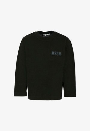 Czarny sweter z długimi rękawami, okrągłym dekoltem i prążkowanymi mankietami. Posiada teksturowane logo na lewej piersi. Wykonany z miękkiego materiału.