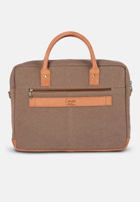 Brown canvas laptop bag with leather accents, featuring two top handles, a front zipper pocket, and a contrasting bottom trim.