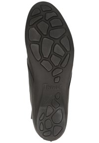 Semelle de chaussure en caoutchouc noir avec un motif texturé et le logo "Think!" en relief. Durable et conçu pour l'adhérence.