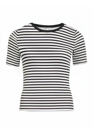 T-shirt blanc à manches courtes ajusté avec des rayures horizontales noires et un col rond uni noir.