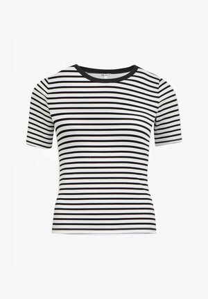 T-shirt bianca a maniche corte aderente con strisce orizzontali nere e scollo rotondo nero uniforme.