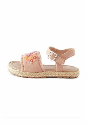 Rosa tygsandaler med broderad blommönster, juteomspunnen sula, justerbar ankle strap och strukturerad platt yttersula.