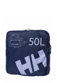 Sac de sport en tissu bleu marine d'une capacité de 50 L, avec des graphismes blancs, une fermeture éclair et une poignée supérieure pour un transport facile.