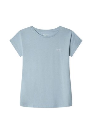 T-shirt bleu clair à manches courtes en tissu coton avec un col rond et un petit logo blanc sur la poitrine. Texture lisse, coupe décontractée.