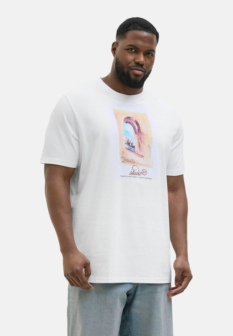 Hvid bomulds T-shirt med et farverigt, illustreret vinduesdesign med blomster. Korte ærmer og en afslappet pasform.