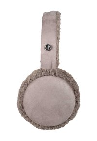 Cuffie Bluetooth con un morbido cuscinetto in pelliccia sintetica beige. Anche la fascia è beige e presenta un accento metallico vicino al punto di connessione.