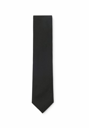 Cravate noire à rayures diagonales avec une pointe classique sur fond blanc.
