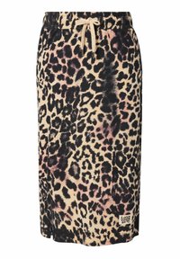 Jupe en tissu doux au motif léopard, dotée d'une taille élastique avec cordon de serrage ajustable, d'une coupe mi-genoux et d'une petite étiquette logo.