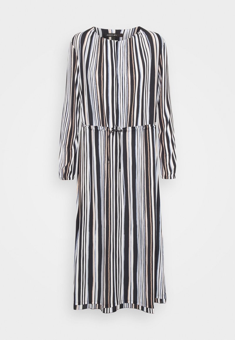 Robe midi à manches longues avec rayures verticales noires, blanches et beiges, col rond et ceinture ajustable à la taille.