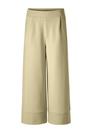 Béžové široké zkrácené kalhoty s vysokým pasem a minimálními detaily švů, vyrobené z hladké látky.