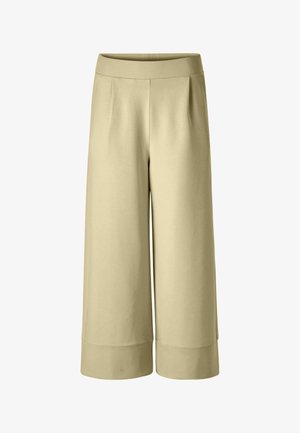 Béžové široké zkrácené kalhoty s vysokým pasem a minimálními detaily švů, vyrobené z hladké látky.