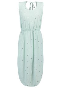 Mint green sleeveless dress with a round neckline, gathered waist, and black polka dots. Tie detail at the back and a rounded hem. Soft fabric.