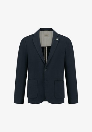 Mornarsko moder blejzer z razrezanimi reverji, dvema sprednjima žepoma, enojnimi gumbi, strukturirano blago in prugasto notranjostjo.