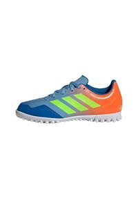 Sport shoe with a blue upper, orange heel, and neon green stripes. Features a textured rubber sole for traction and lace-up design.