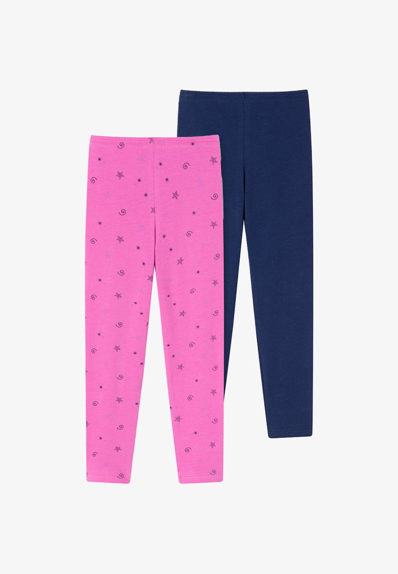 To sæt leggings: det ene pink med svirls og stjernemønstre, det andet ensfarvet marineblå. Begge har et strækbart bomuldsstof.