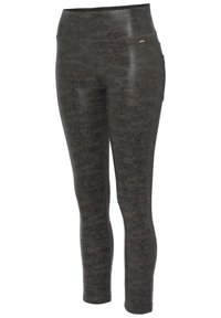 Fotpants i mörkgrön med en glänsande, strukturerad mönster som påminner om små bubblor. Hög midja och sidofickdetalj.