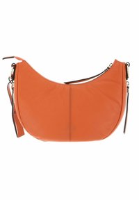 Sac à épaule en cuir orange avec une forme arrondie, doté d'une fermeture éclair et d'accents noirs. Texture lisse avec des détails de couture visibles.