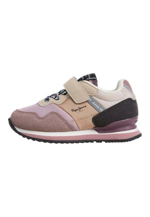 Kindersneaker in Pink, Beige und Schwarz mit Klettverschluss, mit Pepe Jeans Logo an der Seite und Obermaterial aus Mischgewebe.
