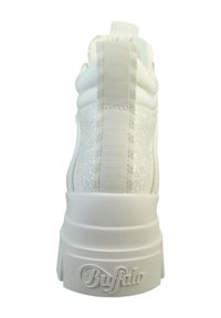 White high-top sneaker with a textured, sparkly fabric. Features a molded sole and a prominent "Buffalo" logo at the back.
