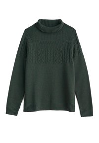 Dunkelgrüner Strickpullover mit hohem, geripptem Kragen und strukturierten Mustern im oberen Teil, mit gerippten Säumen und Bündchen.