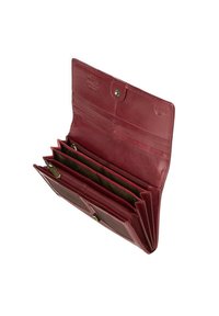 Red leather wallet with multiple card slots, interior zip compartment, and snap closure. Smooth texture and classic design.