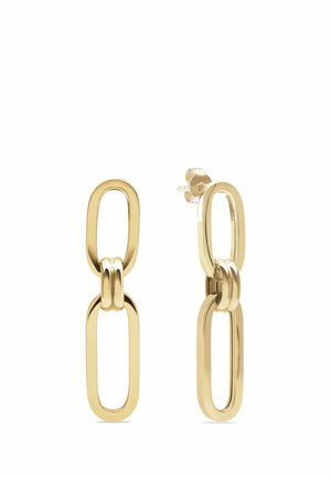 Ohrringe mit goldfarbenen Doppelgliedern, bestehend aus glatten, länglichen ovalen Formen, die durch zwei kleinere Ringe verbunden sind, vor weißem Hintergrund dargestellt.