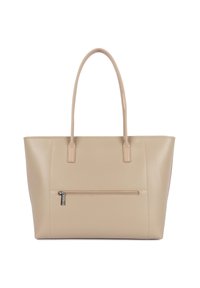 Borsa tote in pelle beige con due manici lunghi e una tasca frontale orizzontale con zip su sfondo bianco.