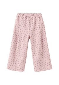 Ljusrosa byxor med ett blommönster som har små lila och vita detaljer, tillverkade av mjukt tyg med resår i midjan.