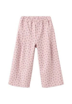 Helle pinke Hosen mit einem floralen Muster, das winzige lila und weiße Designs zeigt, aus weichem Stoff mit einem elastischen Bund.