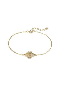 Delicate gold chain bracelet with a flower-shaped pendant featuring four teardrop-shaped mother-of-pearl inlays and a central small gem.