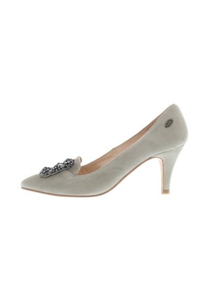 Light gray suede mid-heel pump with pointed toe and decorative dark rhinestone embellishment on front side.