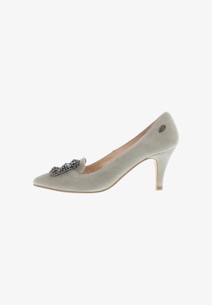 Light gray suede mid-heel pump with pointed toe and decorative dark rhinestone embellishment on front side.
