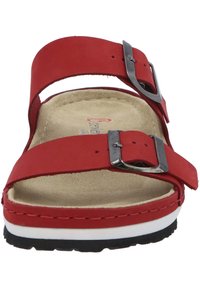 Red adjustable sandal with two wide straps, metal buckles, a cushioned insole, and a textured outsole featuring white and black accents.