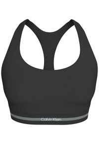 Sutien sport negru Calvin Klein cu design racerback și bandă elastică cu dungi gri și logo-ul brandului pe partea din față.