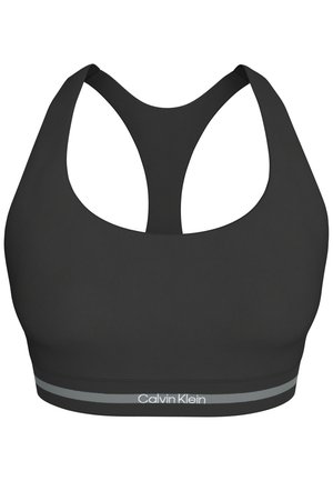 Sutien sport negru Calvin Klein cu design racerback și bandă elastică cu dungi gri și logo-ul brandului pe partea din față.