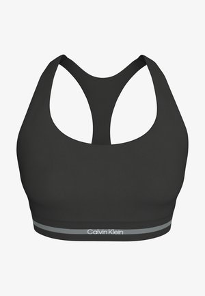Sutien sport negru Calvin Klein cu design racerback și bandă elastică cu dungi gri și logo-ul brandului pe partea din față.