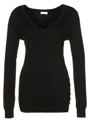 Schwarzer, langärmeliger V-Ausschnitt-Pullover mit Rippbündchen an Ärmeln und Saum, figurbetont geschnitten, entworfen für die legere Damenbekleidung.