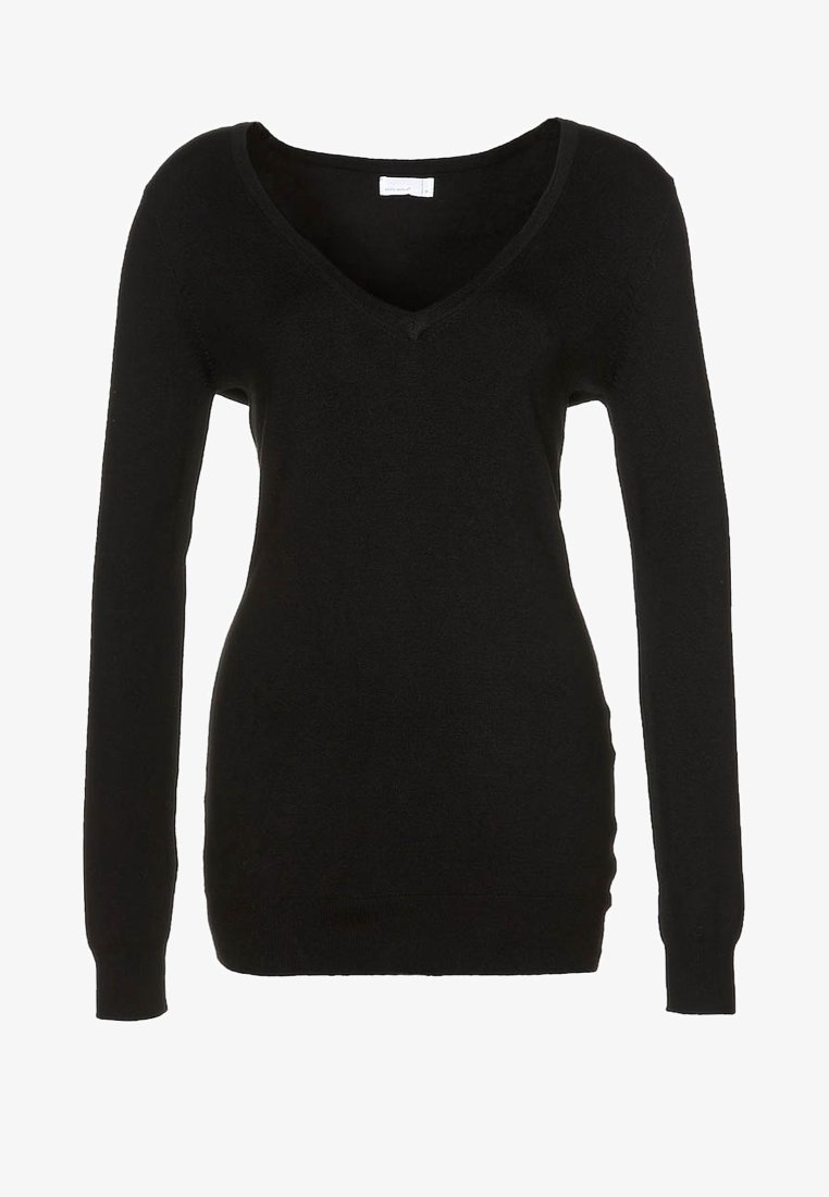 Pull ajusté noir à manches longues avec encolure en V, poignets et ourlet côtelés, conçu pour les vêtements décontractés pour femmes.
