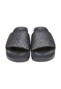 Black rubber slide sandals featuring an embossed geometric pattern, wide strap, and textured footbed for comfort.